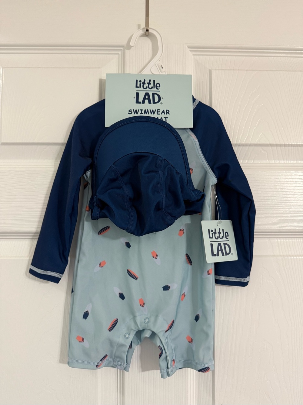 Little LAD Boys' Navy & Light Blue One-Piece Swim Suit with Hat